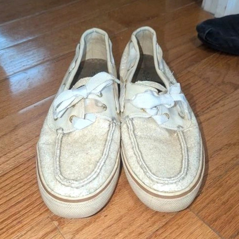 Coastal Grandmother Glitter Boat Shoes Women's 9 Sperry Top-Sider Ivory Gold